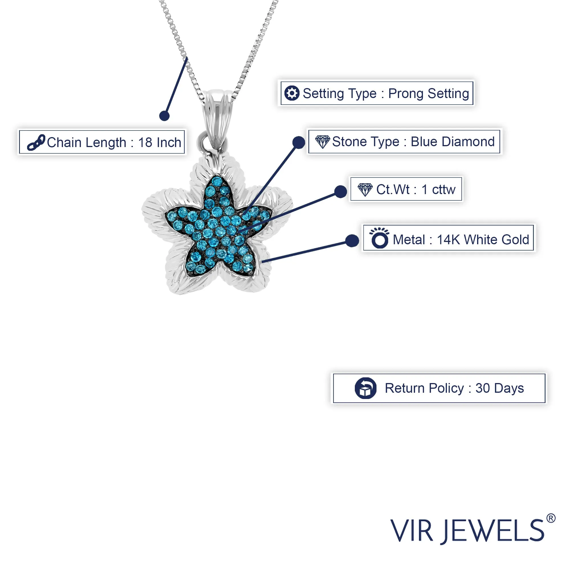 1 cttw Blue Diamond Flower Pendant Necklace in 14K White Gold