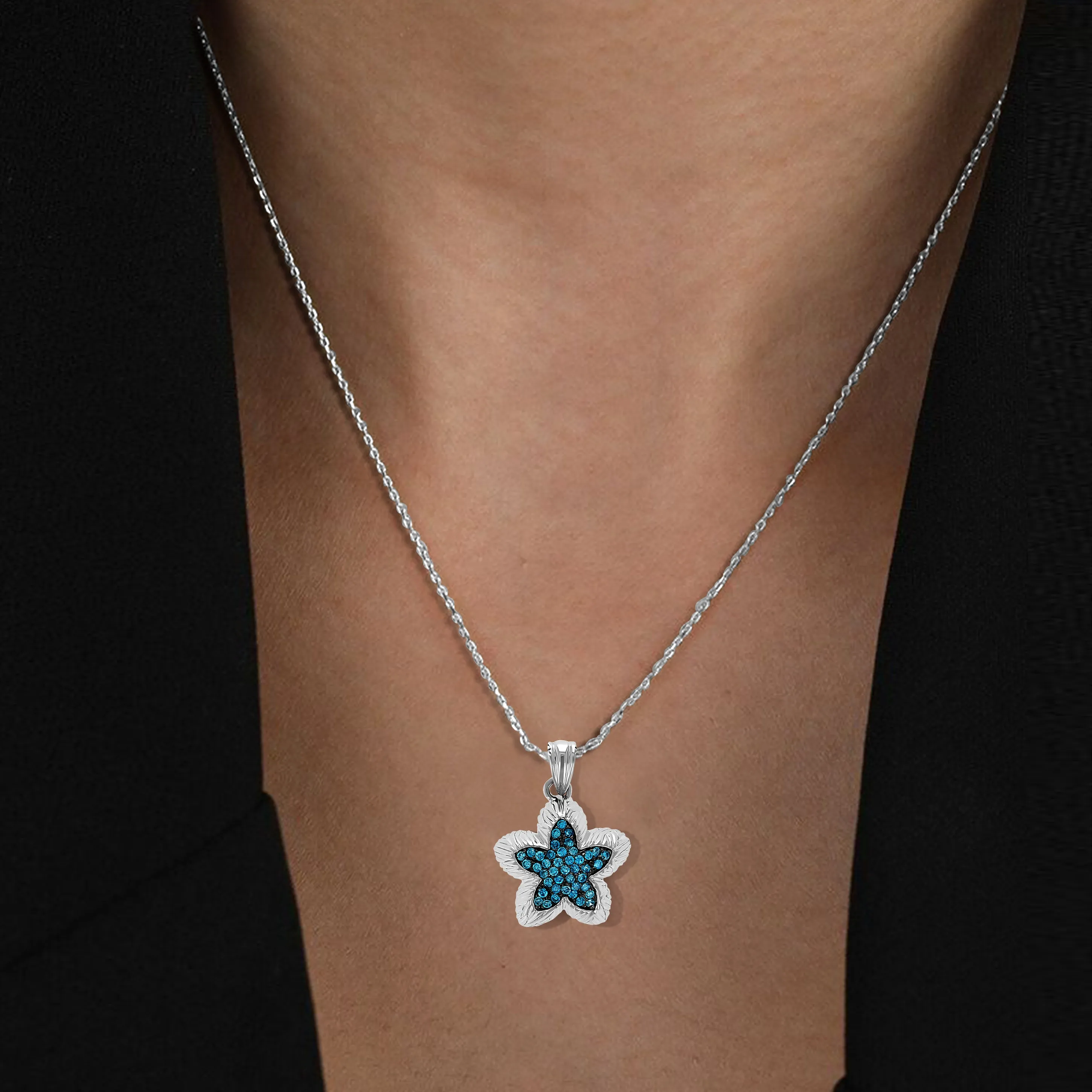 1 cttw Blue Diamond Flower Pendant Necklace in 14K White Gold