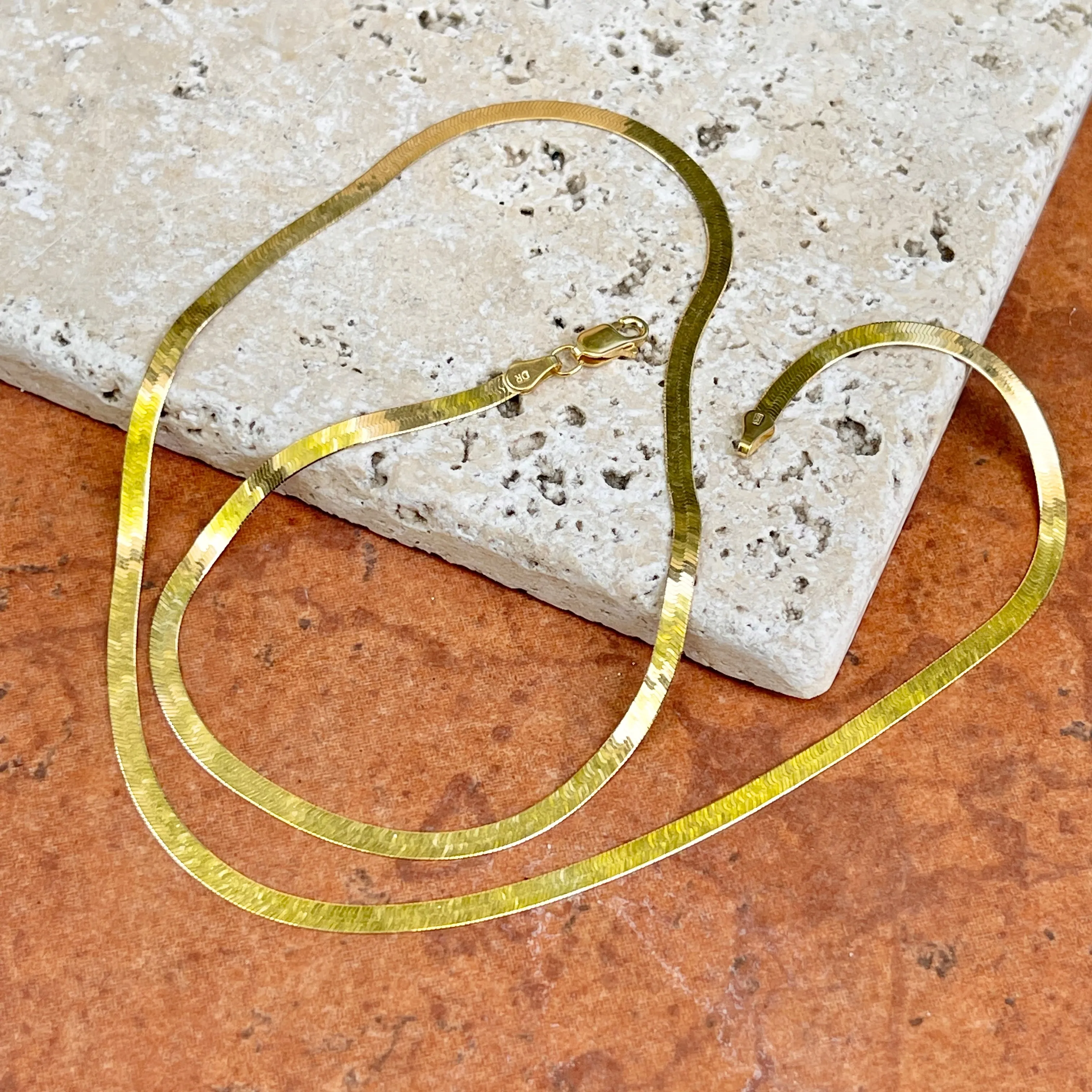 10KT Yellow Gold Flat 3mm Herringbone Chain Necklace