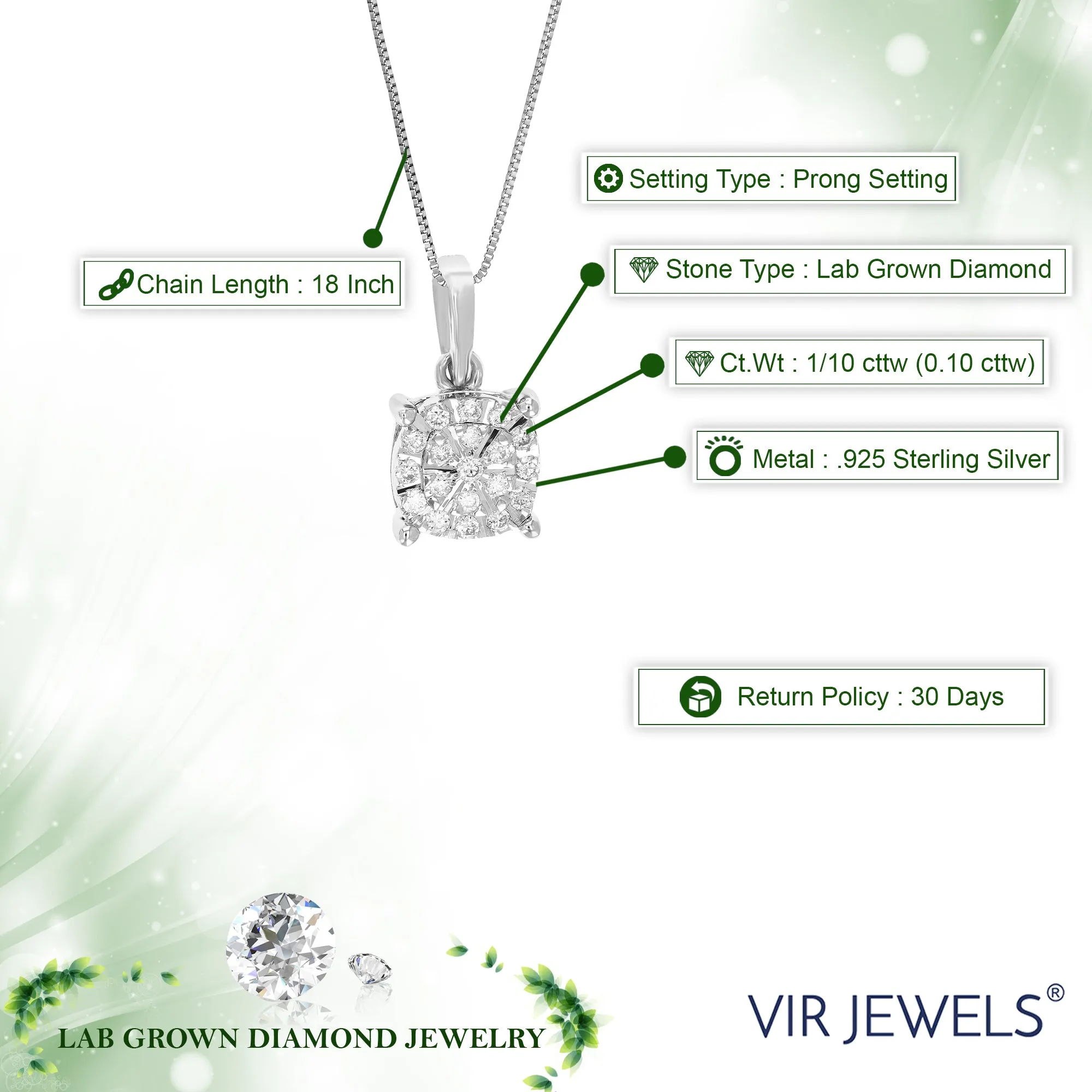 1/10 cttw Lab Grown Diamond Cluster Pendant in Sterling Silver