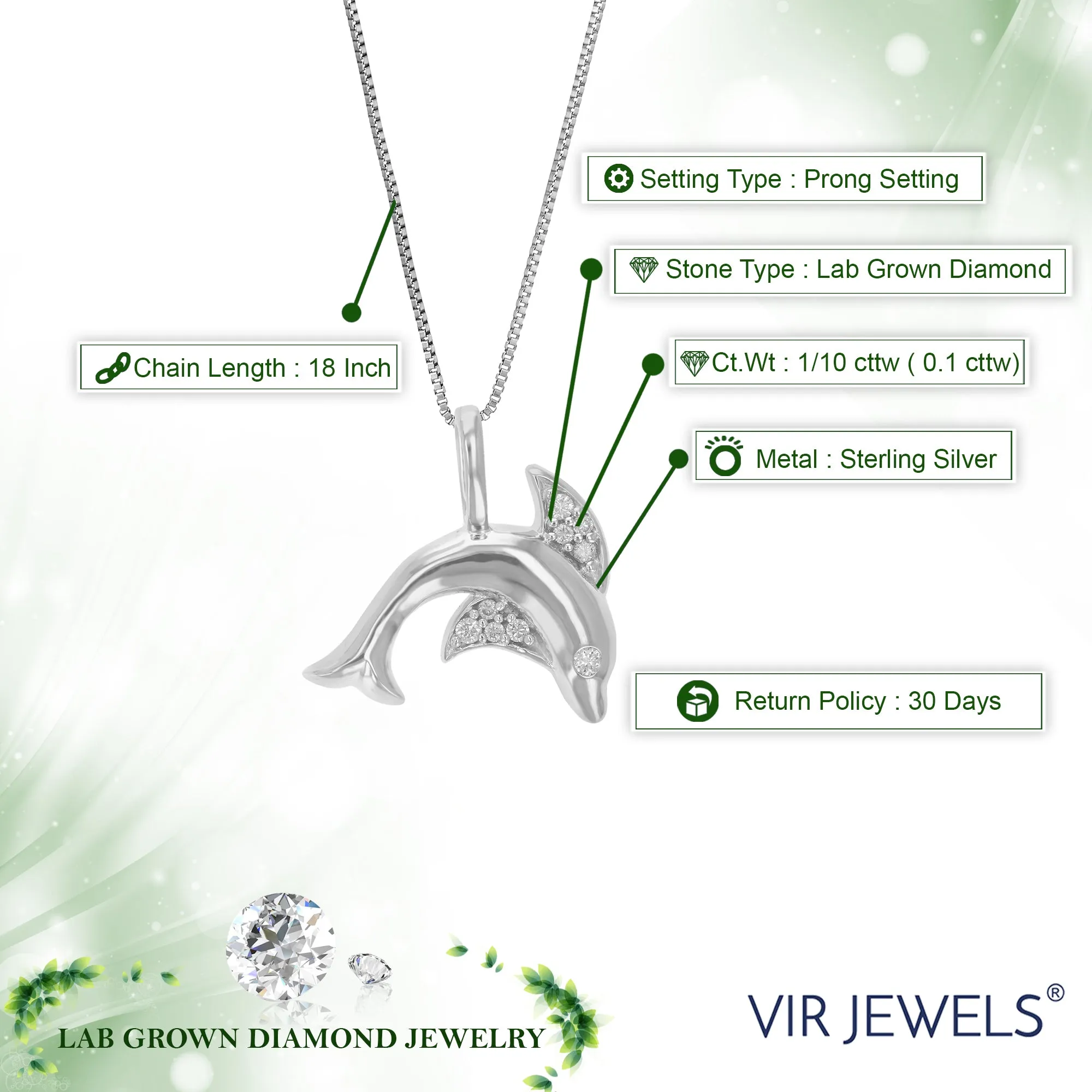 1/10 cttw Lab Grown Diamond Dolphin Pendant in Sterling Silver