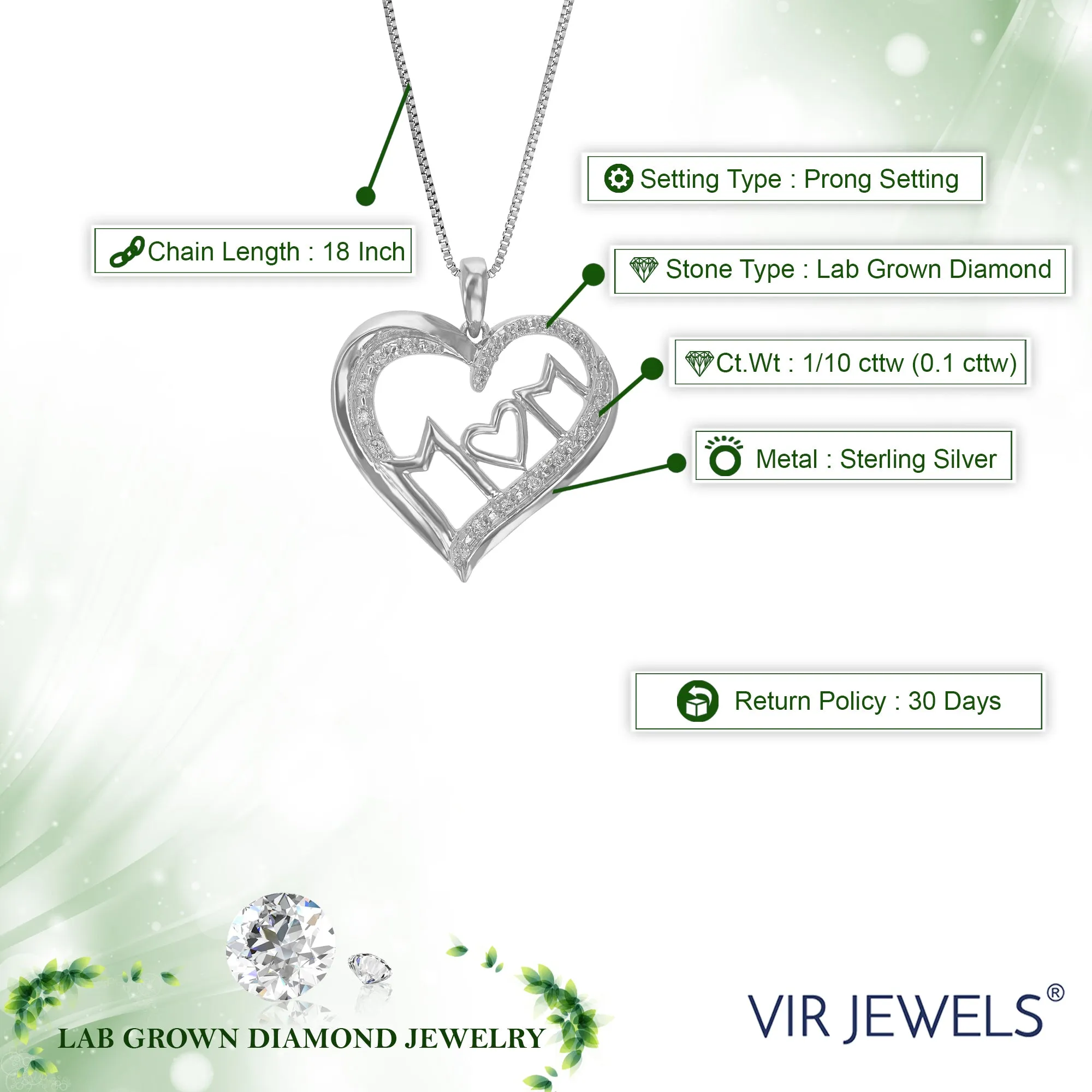 1/10 cttw Lab Grown Diamond Heart Mom's Pendant in Sterling Silver