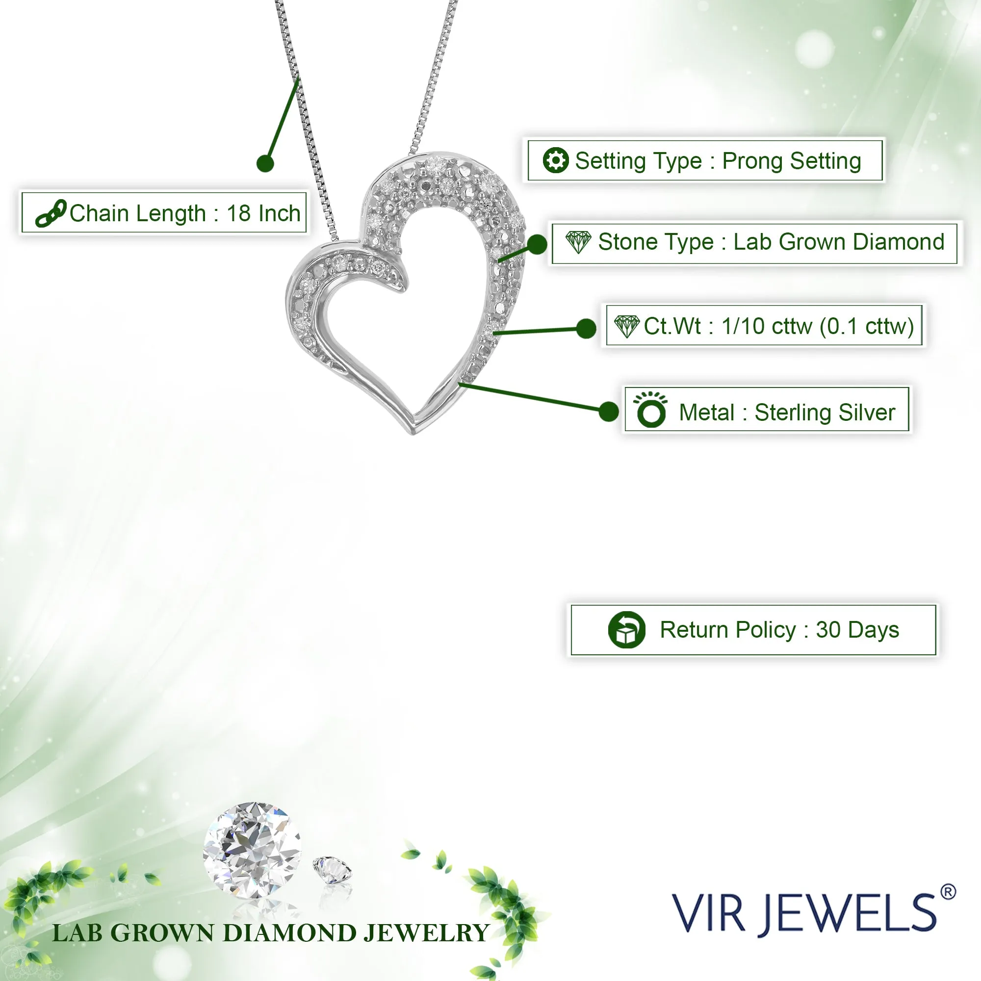 1/10 cttw Lab Grown Diamond Heart Pendant in Sterling Silver