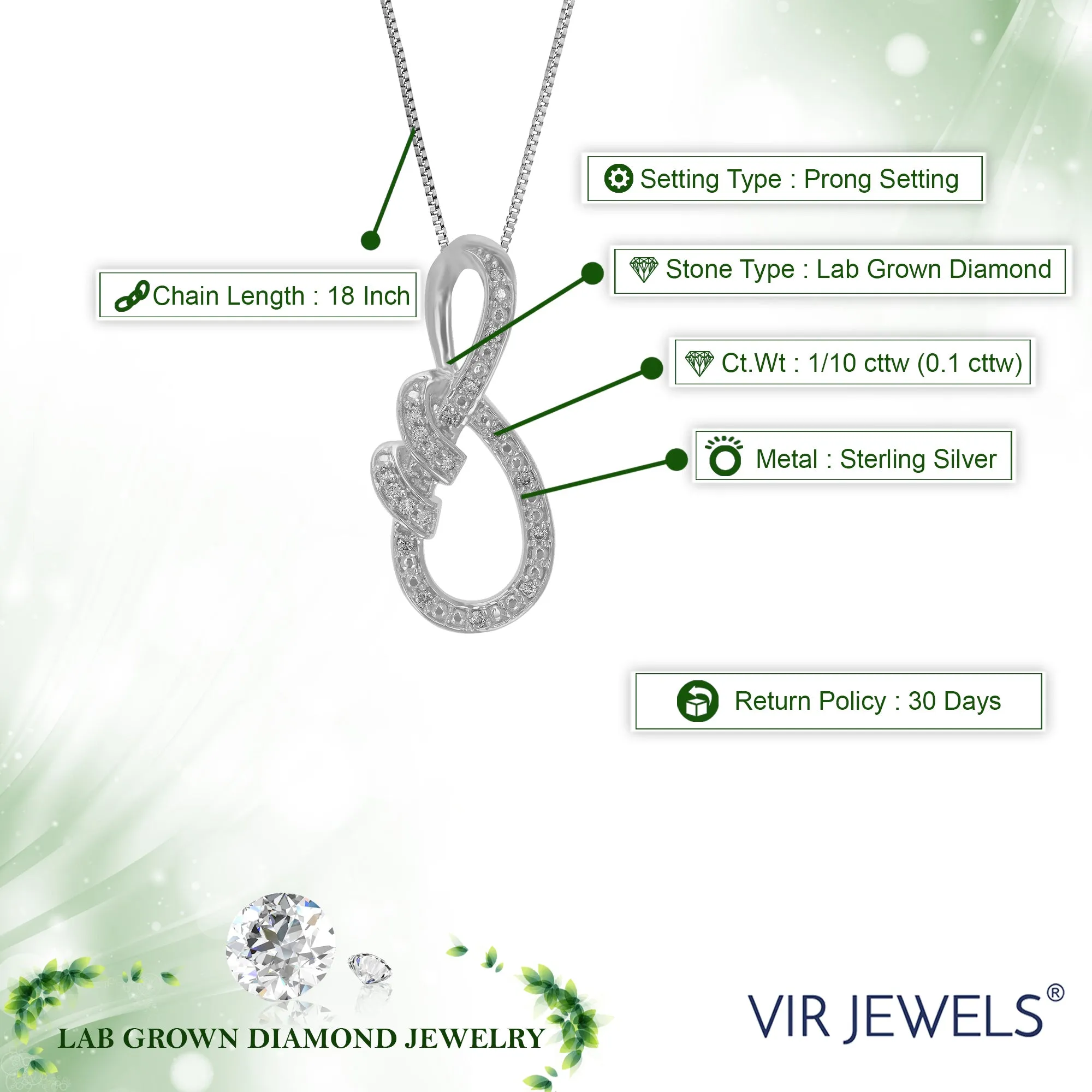 1/10 cttw Lab Grown Diamond Infinity Bow Pendant in Sterling Silver
