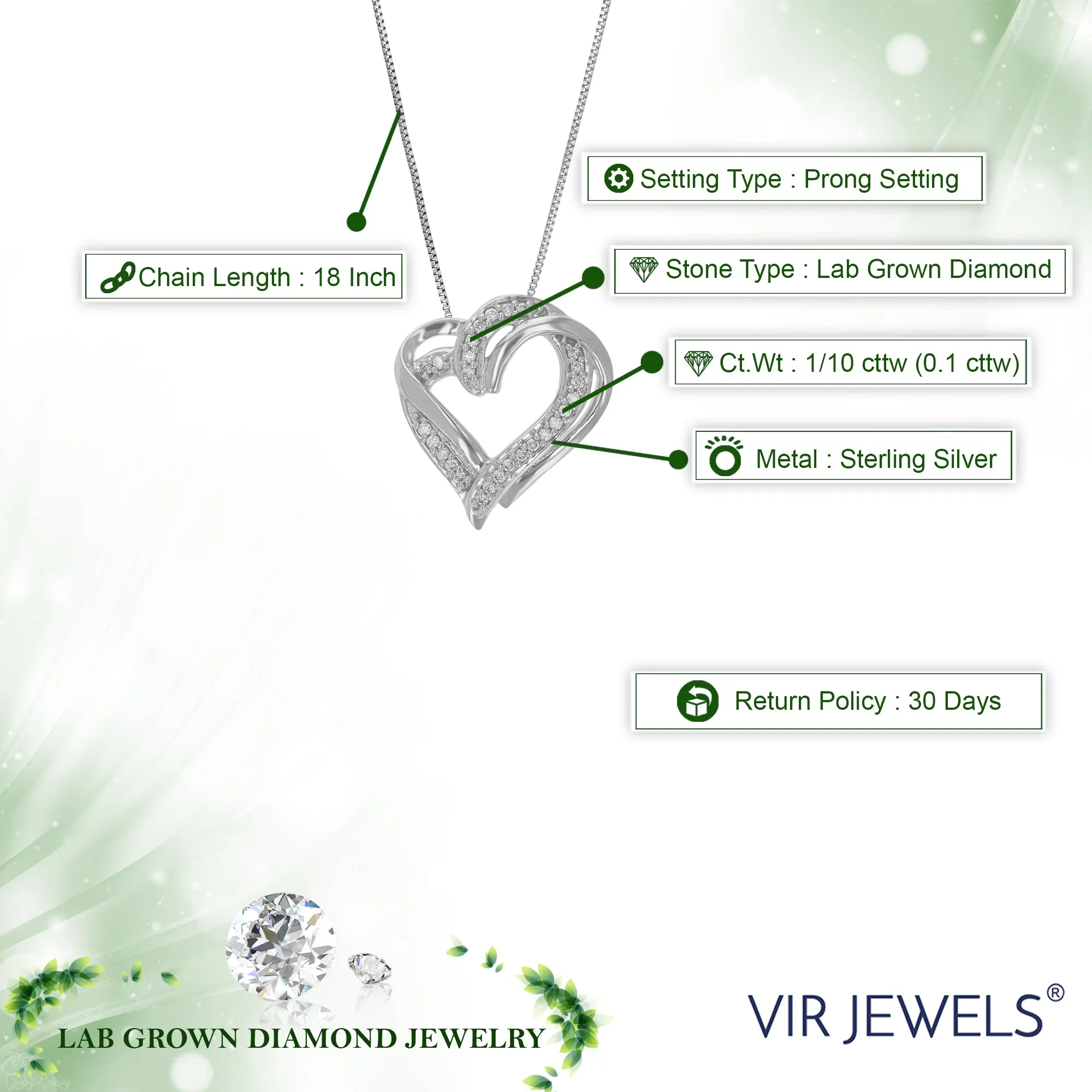 1/10 cttw Lab Grown Diamond Overlap Heart Pendant in Sterling Silver