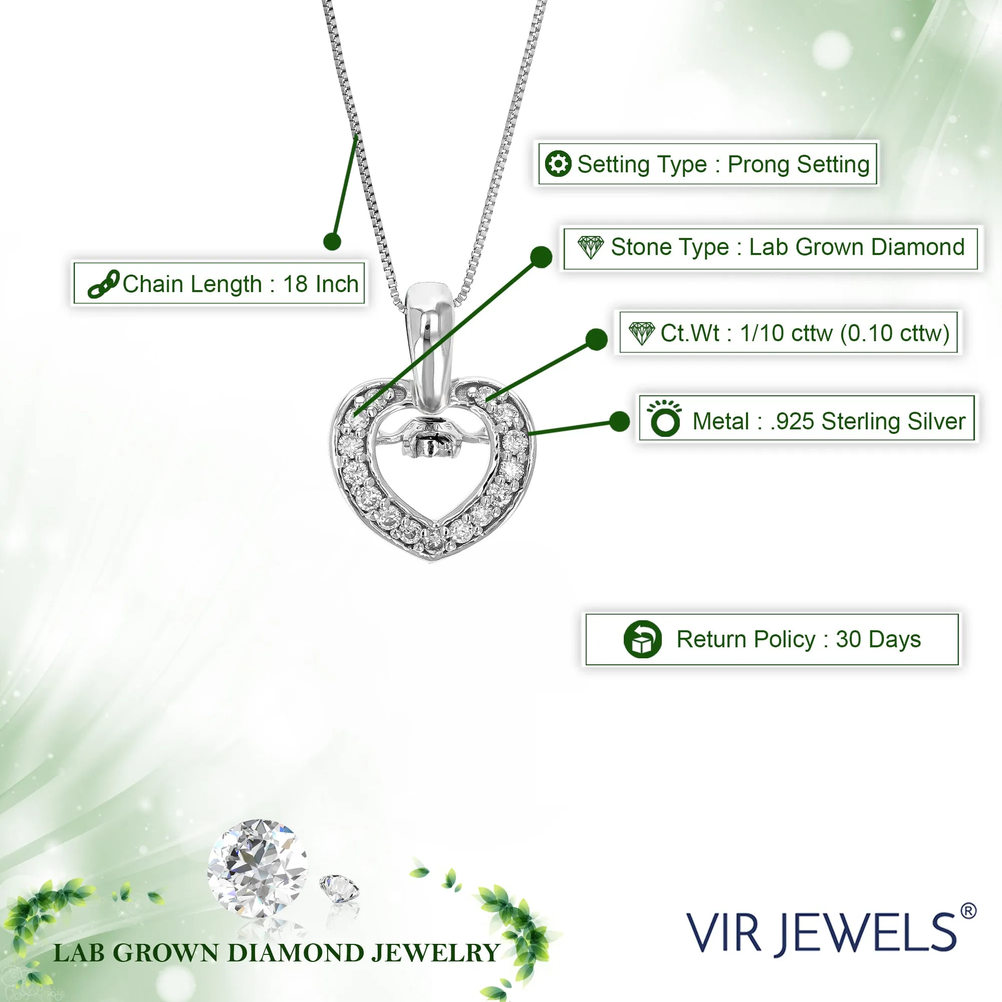 1/10 cttw Lab Grown Diamond Swing Heart Pendant in Sterling Silver