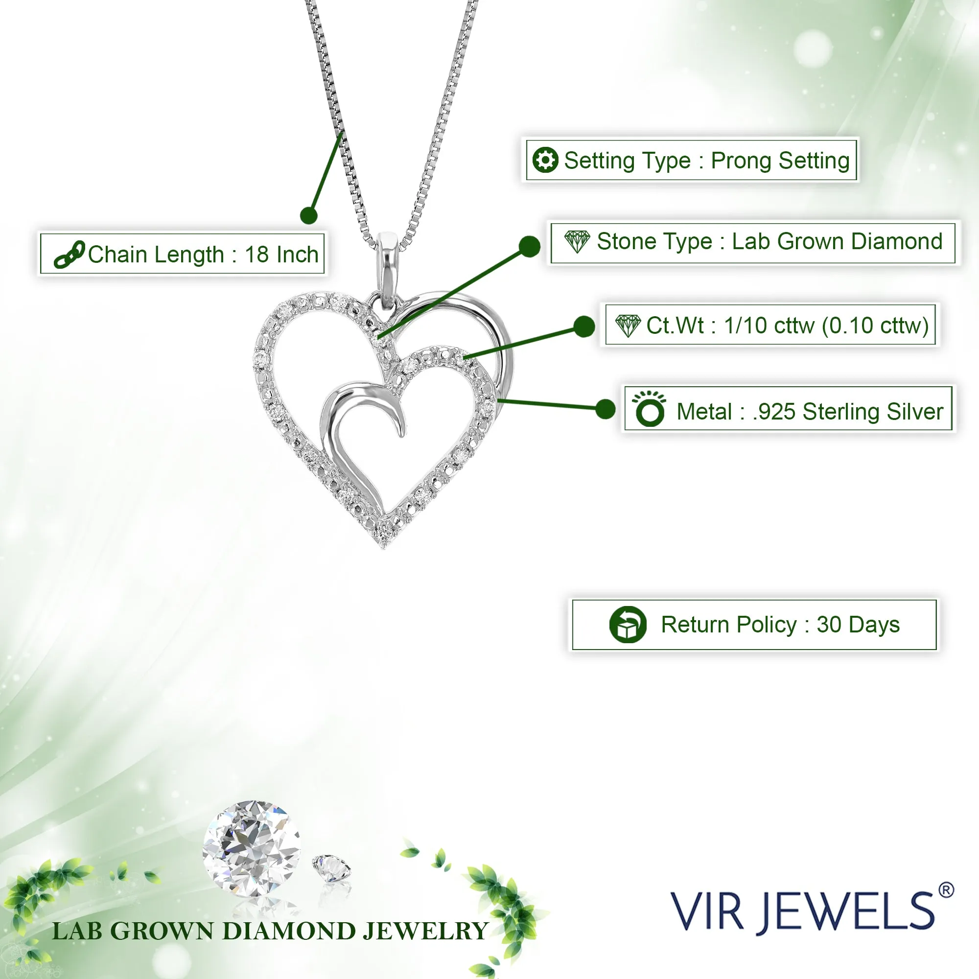 1/10 cttw Lab Grown Diamond Two Heart Pendant in Sterling Silver
