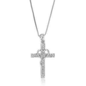 1/10 cttw Lab Grown Necklace Cross Heart Pendant in Sterling Silver