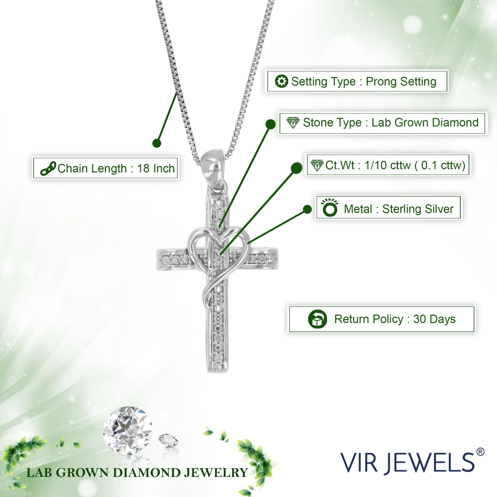 1/10 cttw Lab Grown Necklace Cross Heart Pendant in Sterling Silver