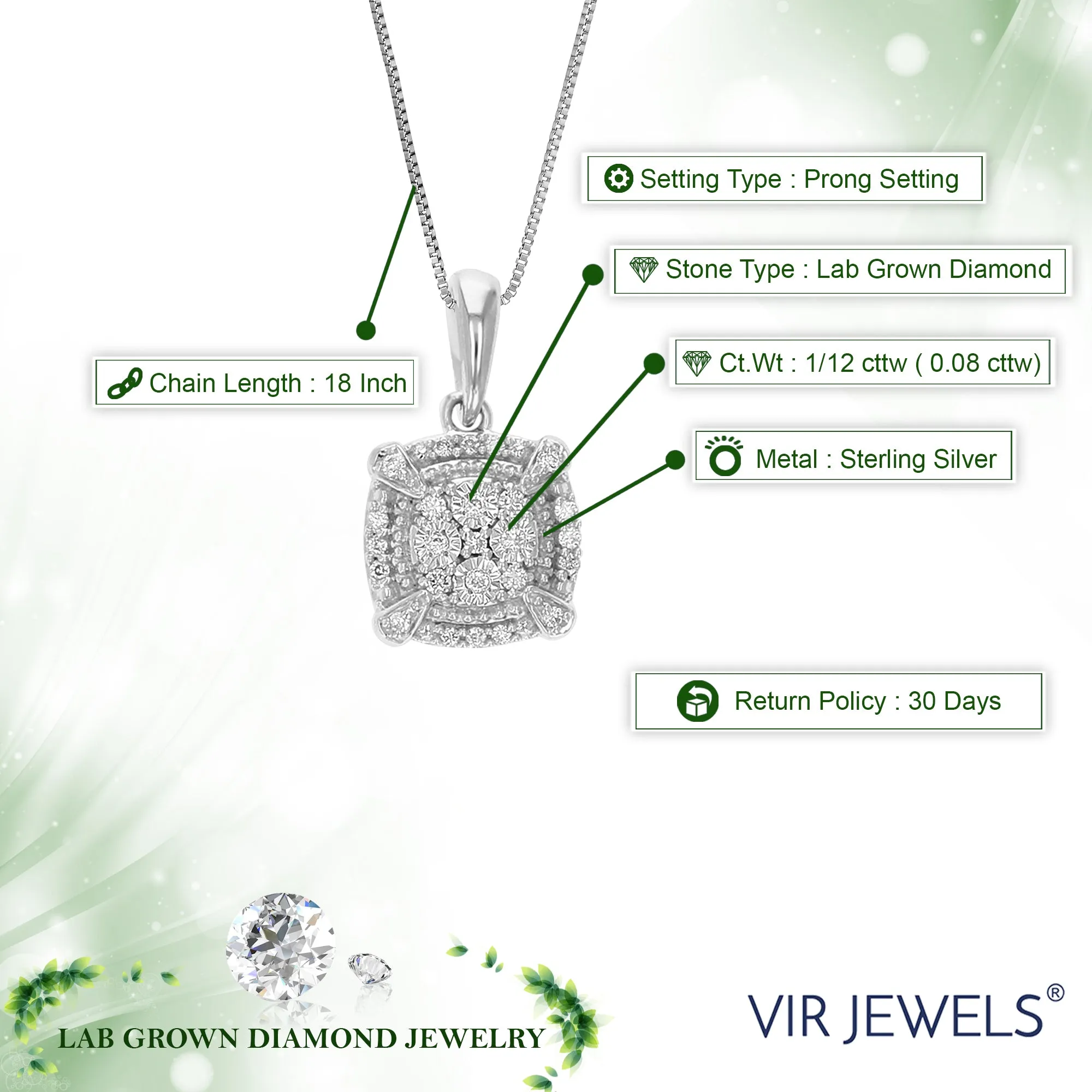 1/12 cttw Lab Grown Cluster Diamond Pendant in Sterling Silver