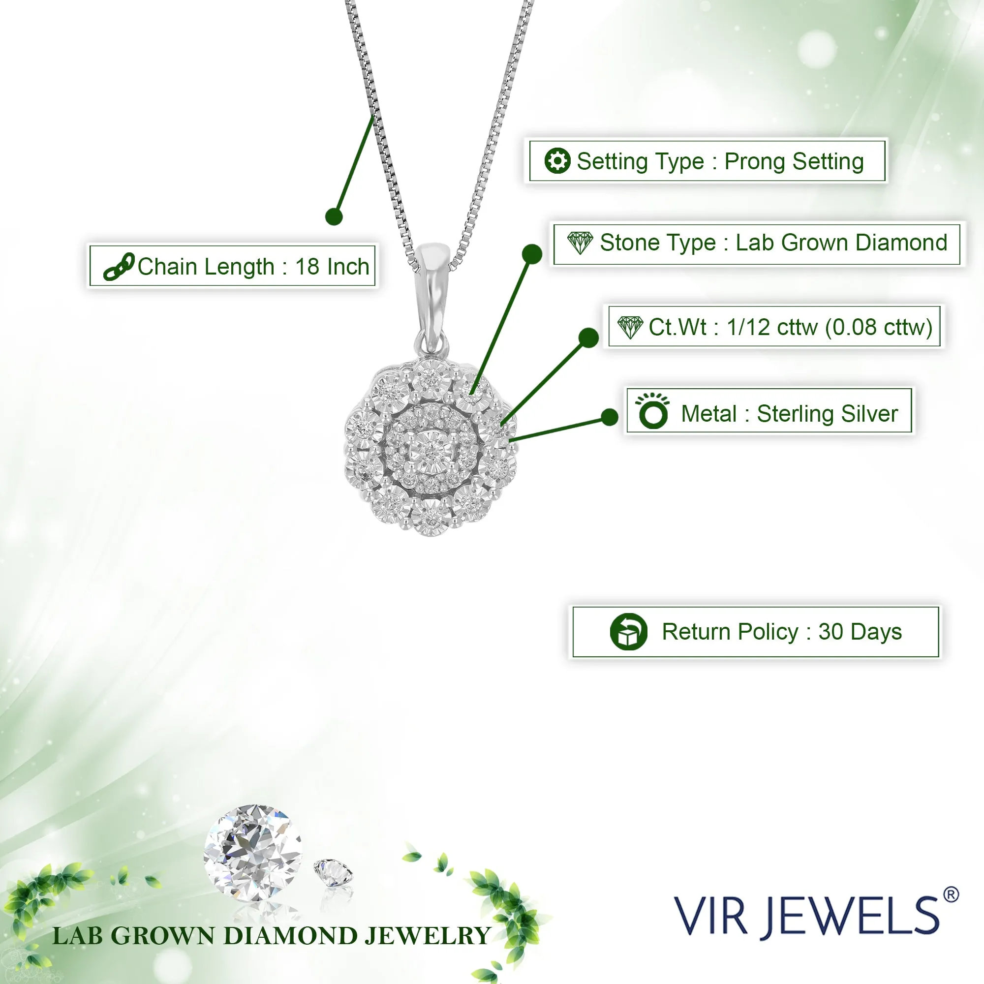 1/12 cttw Lab Grown Diamond Floral Pendant in Sterling Silver