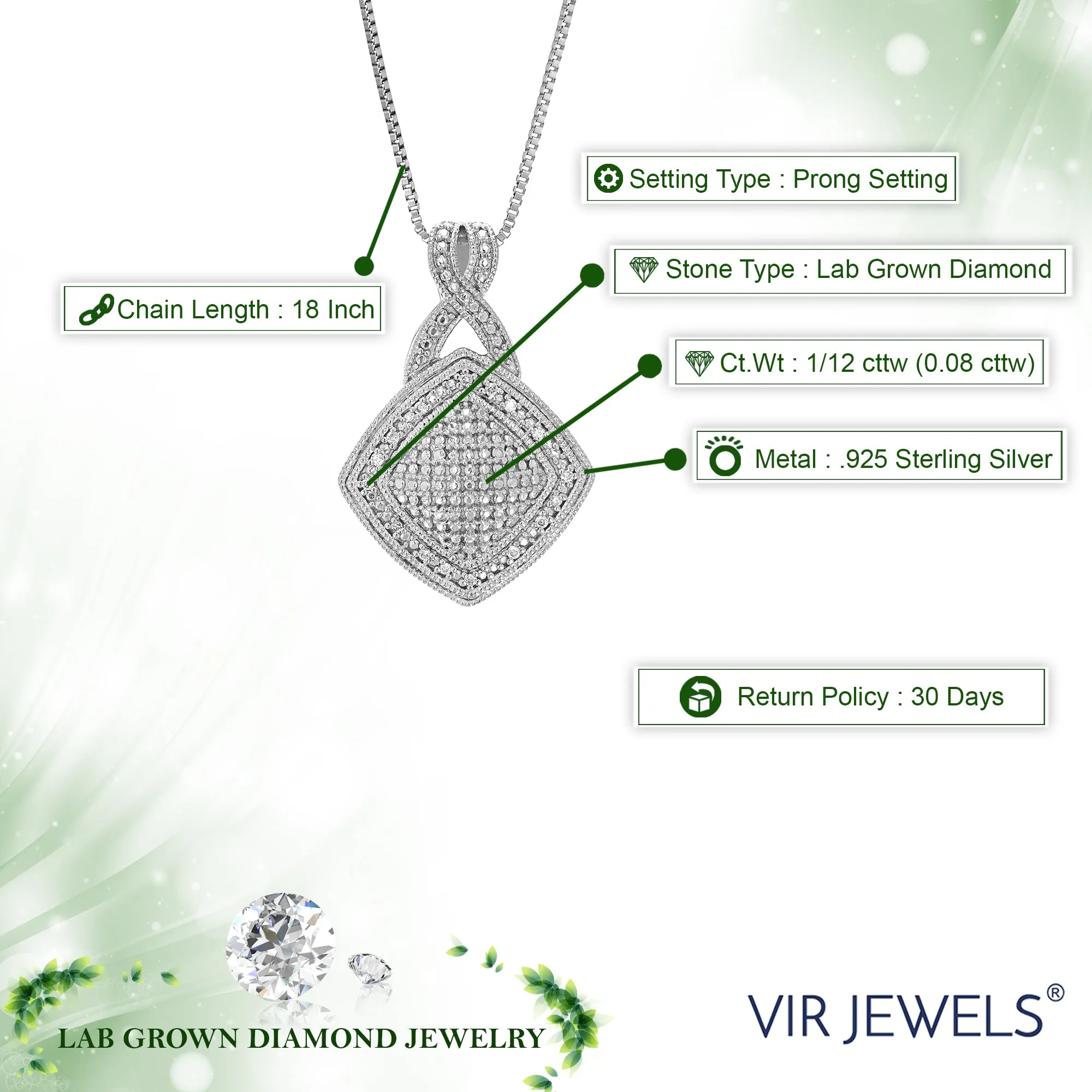1/12 cttw Lab Grown Diamond Kite Drop Pendant in Silver