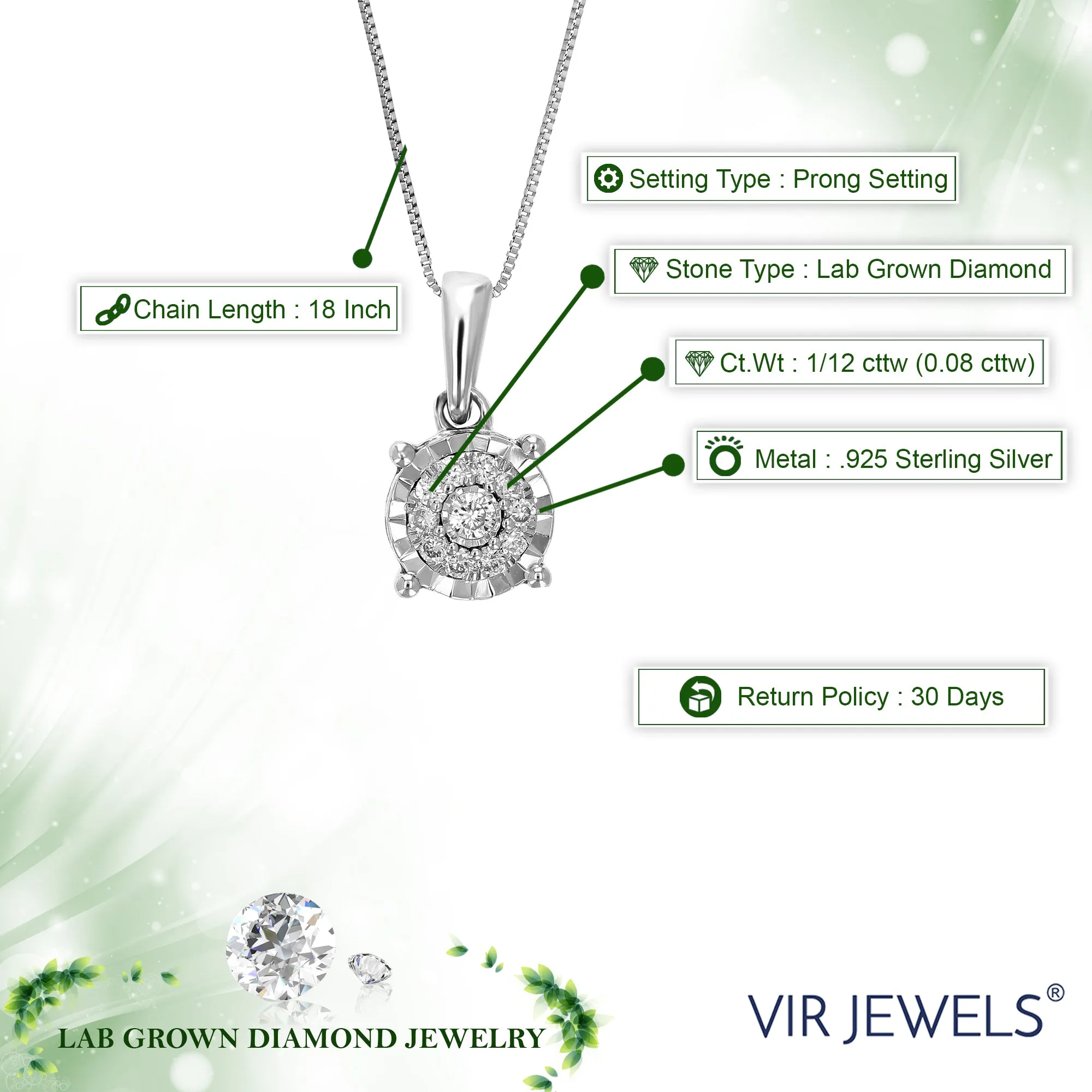 1/12 cttw Lab Grown Diamond Round Cluster Pendant in Silver