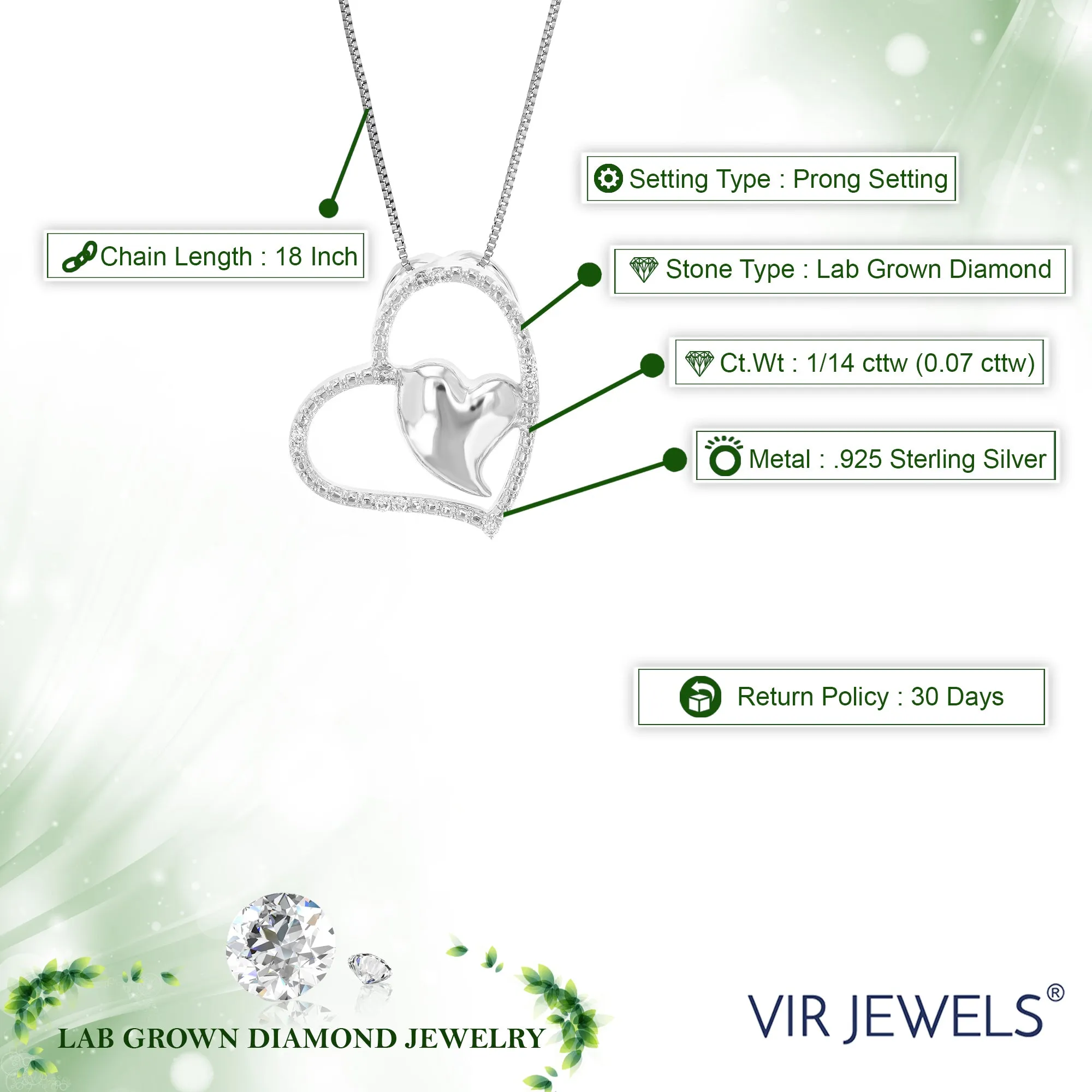 1/14 cttw Lab Grown Diamond Two Heart Pendant in Sterling Silver