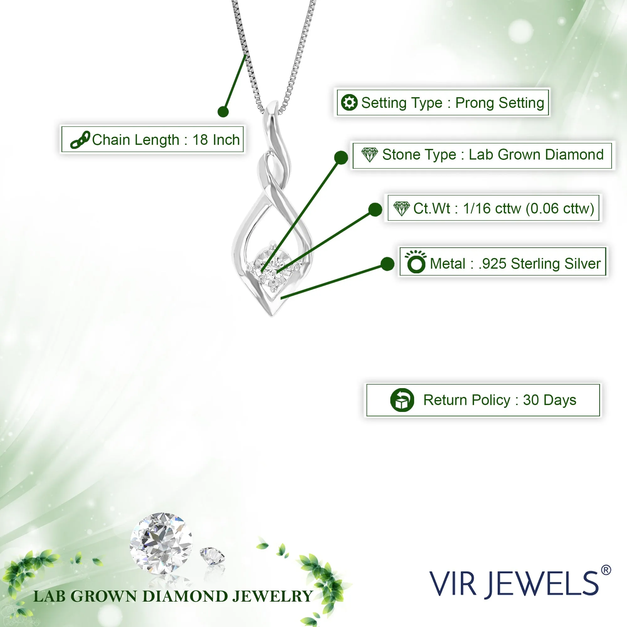 1/16 cttw Lab Grown Diamond Leaf Drop Pendant in Sterling Silver