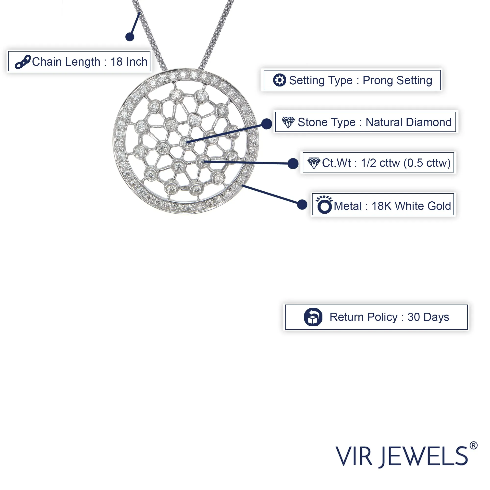 1/2 cttw Diamond Round Pendant Necklace in 18K White Gold