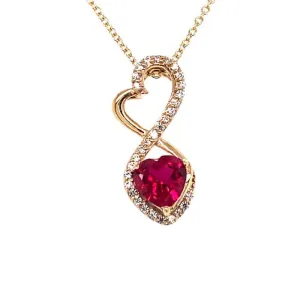 1.21 CTW DEW Red Heart Lab Created Ruby & Moissanite Infinity Pendant in 14K Yellow Gold