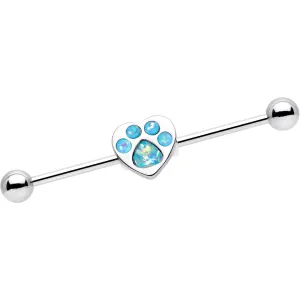 14 Gauge Blue Faux Opal Paw Print Heart Industrial Barbell 38mm