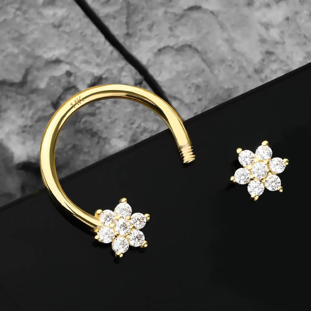 14K Solid Gold 16G Double Flower Horseshoe Septum Ring