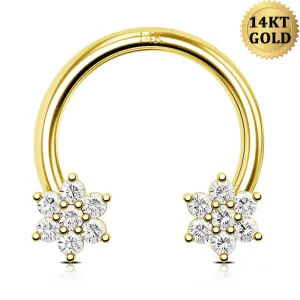 14K Solid Gold 16G Double Flower Horseshoe Septum Ring