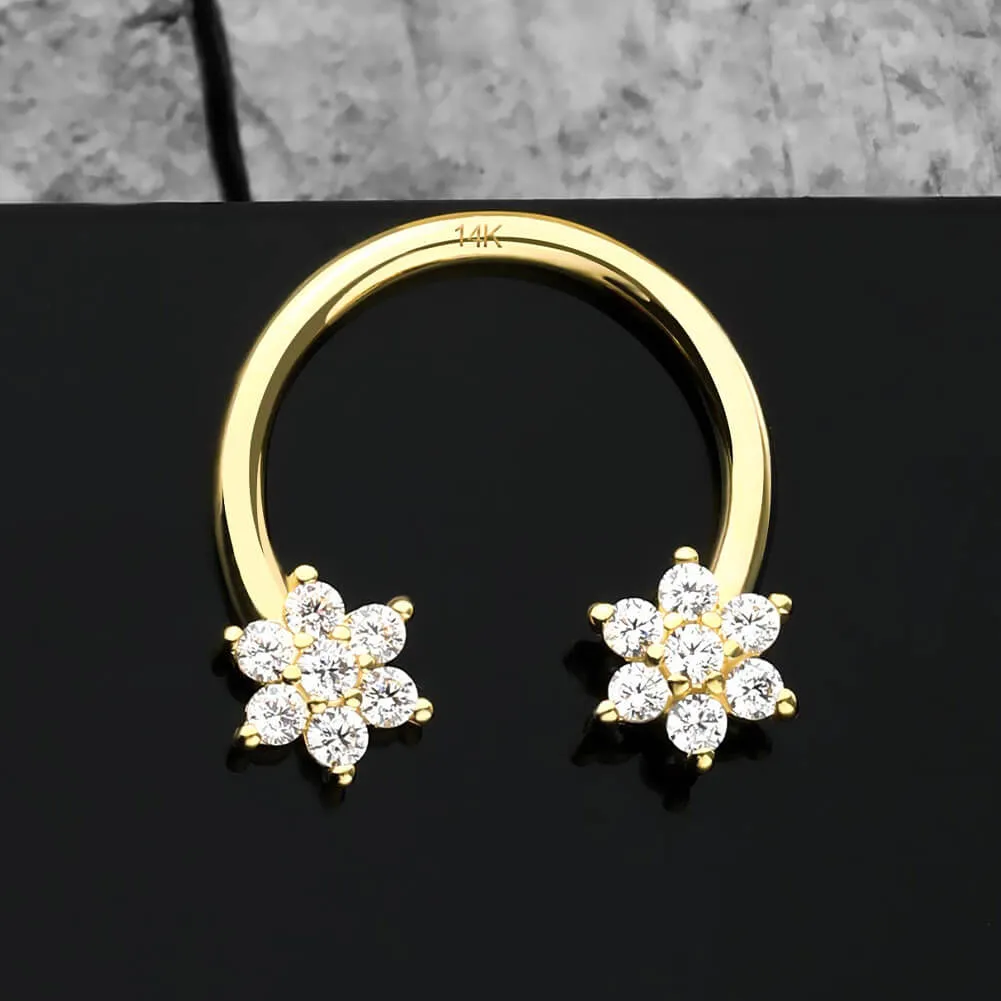 14K Solid Gold 16G Double Flower Horseshoe Septum Ring