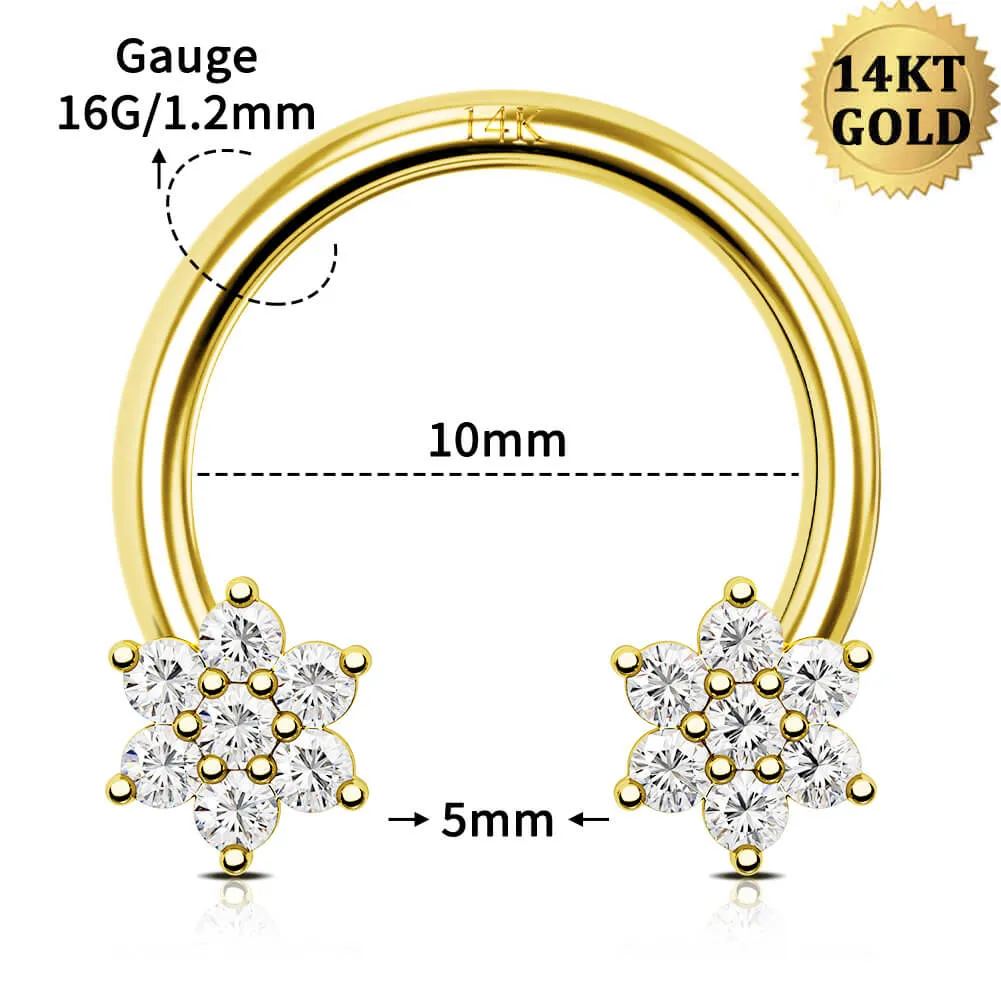 14K Solid Gold 16G Double Flower Horseshoe Septum Ring