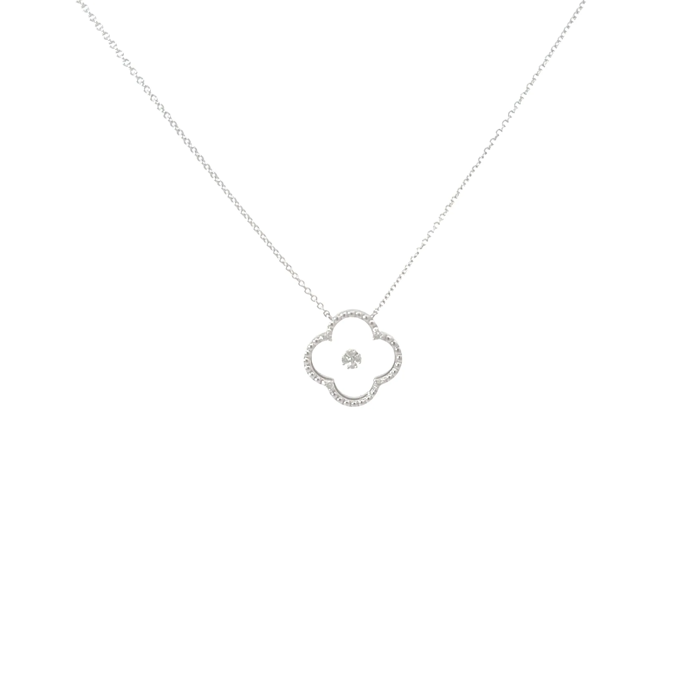 14k White Gold .10ct G SI1 Round Diamond Dotted Clover Leaf Necklace