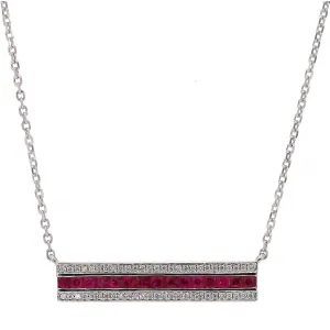14K White Gold Diamond and Ruby Bar Station Necklace