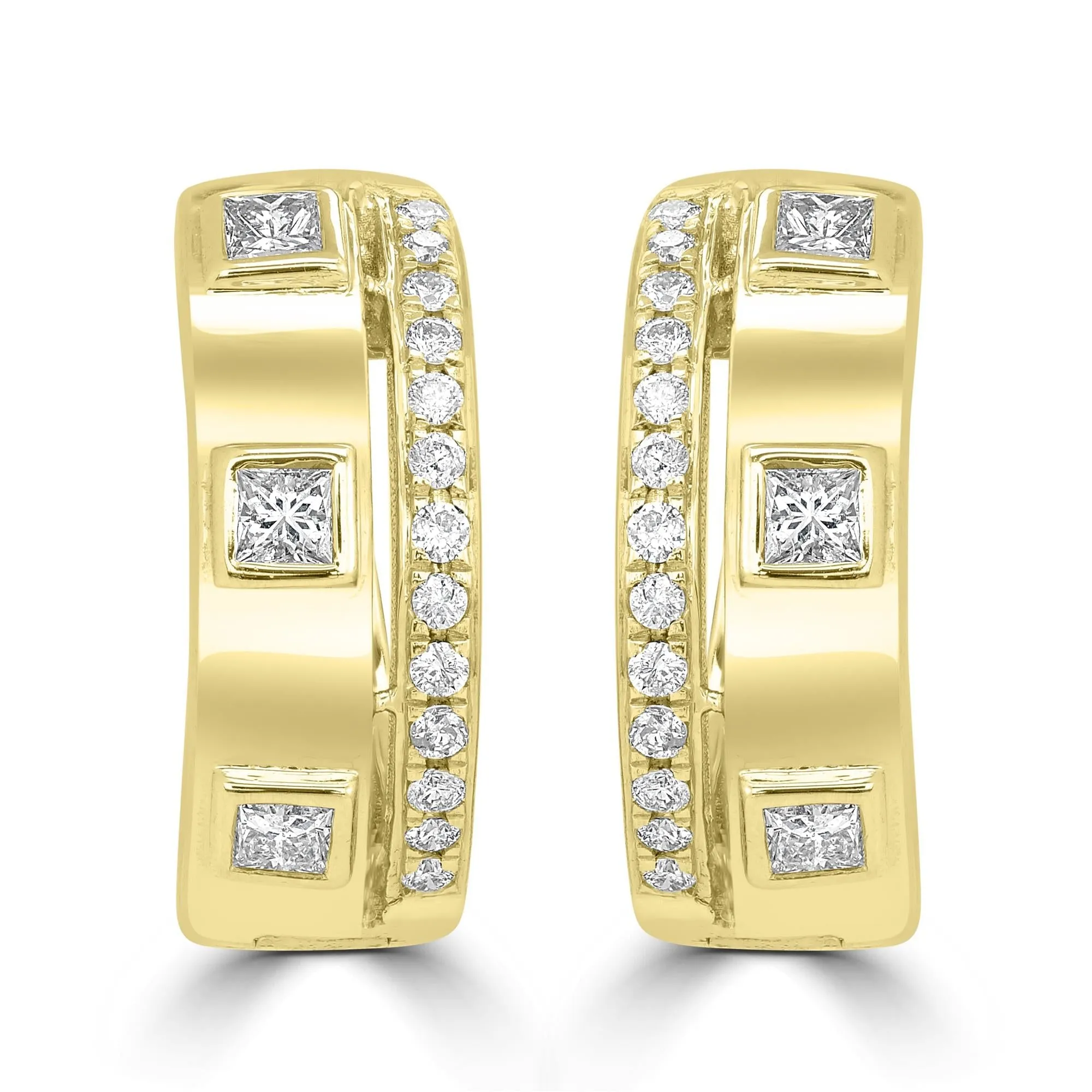 14K Yellow Gold Hoop Earrings With Square and Round Diamonds