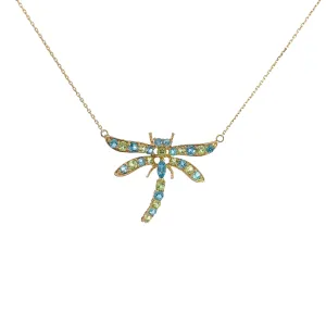 14k Yellow Gold Peridot and Blue Topaz Dragonfly Necklace