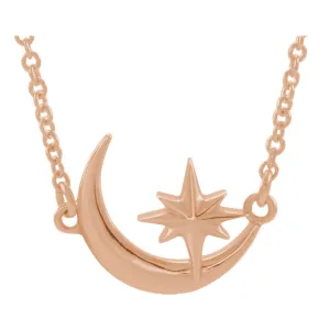 14KT Rose Gold Crescent Moon   Star Pendant Chain Necklace