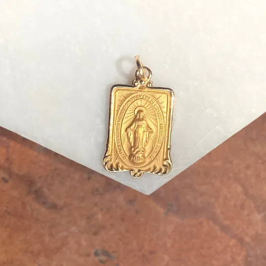 14KT Yellow Gold Rectangular Miraculous Medal Pendant Charm