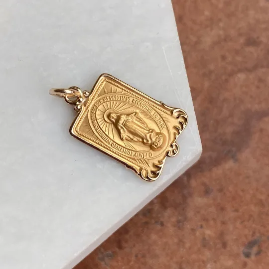 14KT Yellow Gold Rectangular Miraculous Medal Pendant Charm