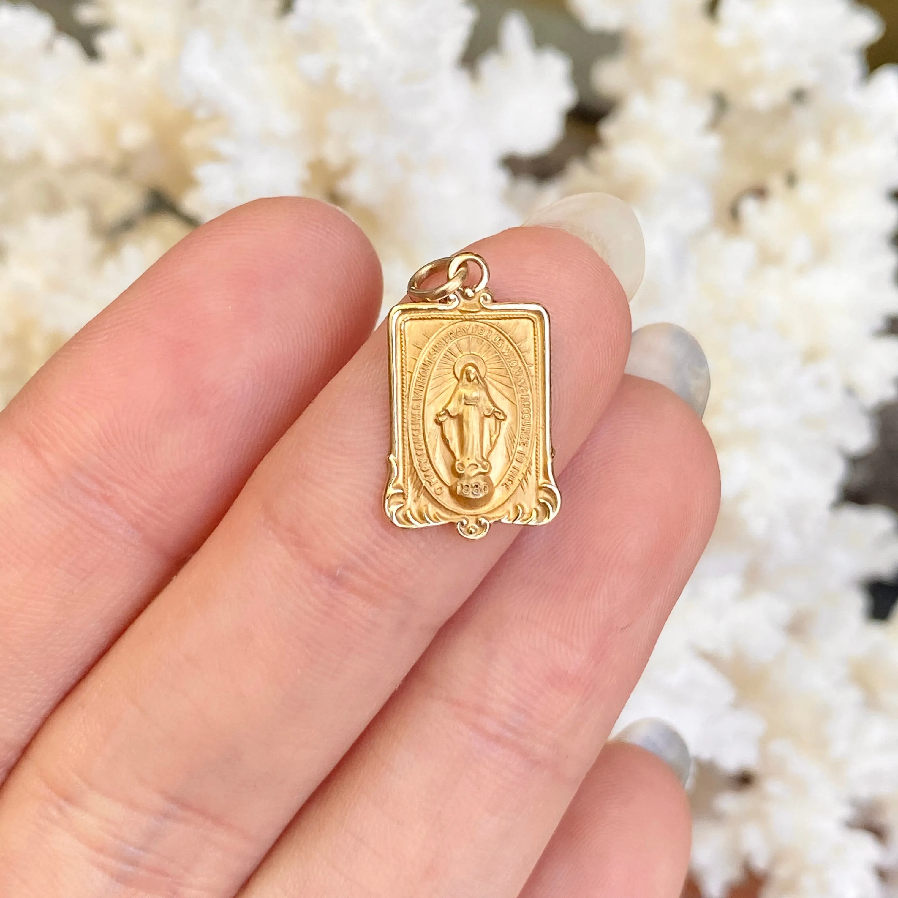 14KT Yellow Gold Rectangular Miraculous Medal Pendant Charm