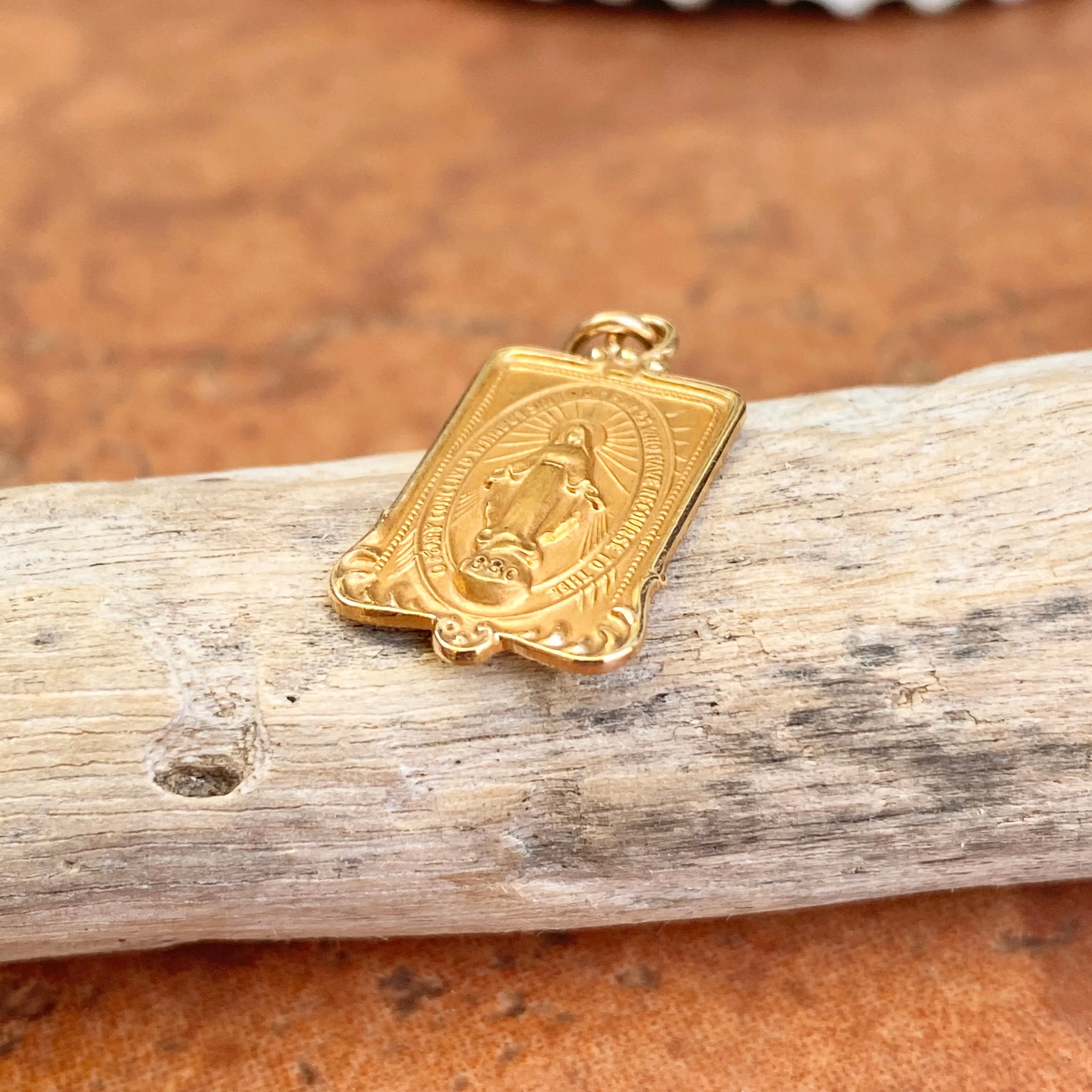 14KT Yellow Gold Rectangular Miraculous Medal Pendant Charm