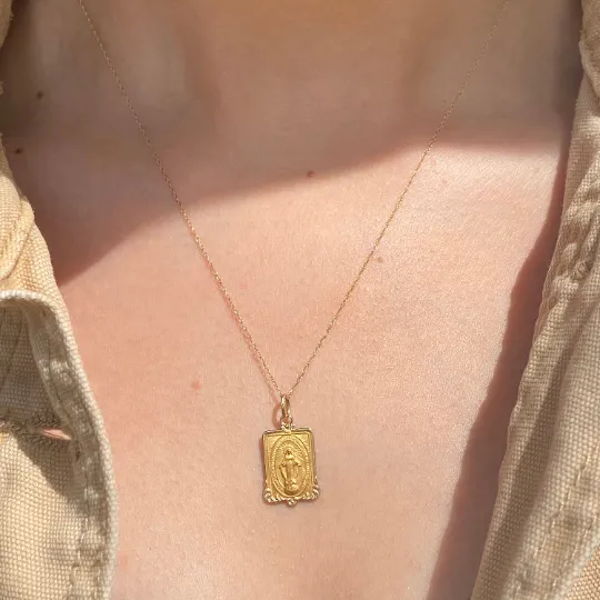 14KT Yellow Gold Rectangular Miraculous Medal Pendant Charm