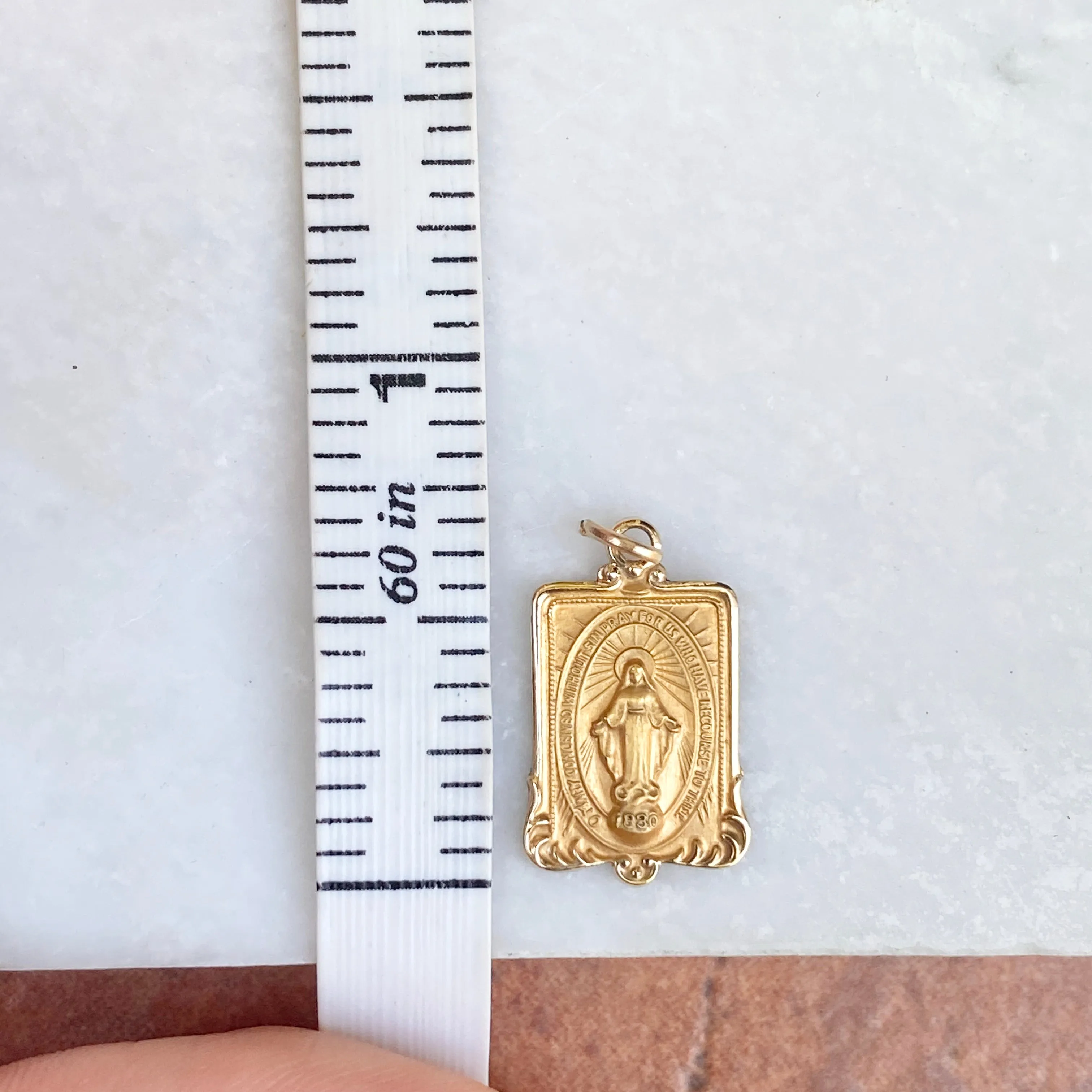14KT Yellow Gold Rectangular Miraculous Medal Pendant Charm