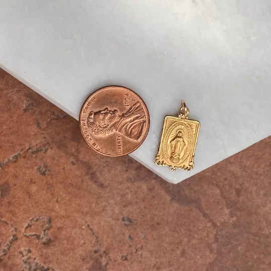 14KT Yellow Gold Rectangular Miraculous Medal Pendant Charm