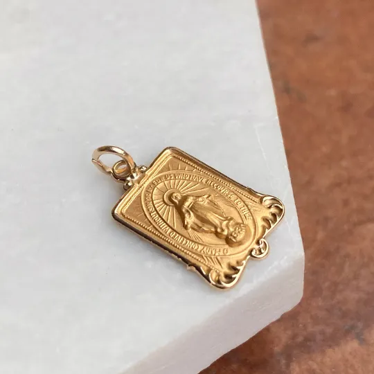 14KT Yellow Gold Rectangular Miraculous Medal Pendant Charm