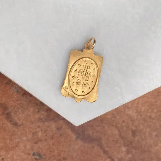 14KT Yellow Gold Rectangular Miraculous Medal Pendant Charm