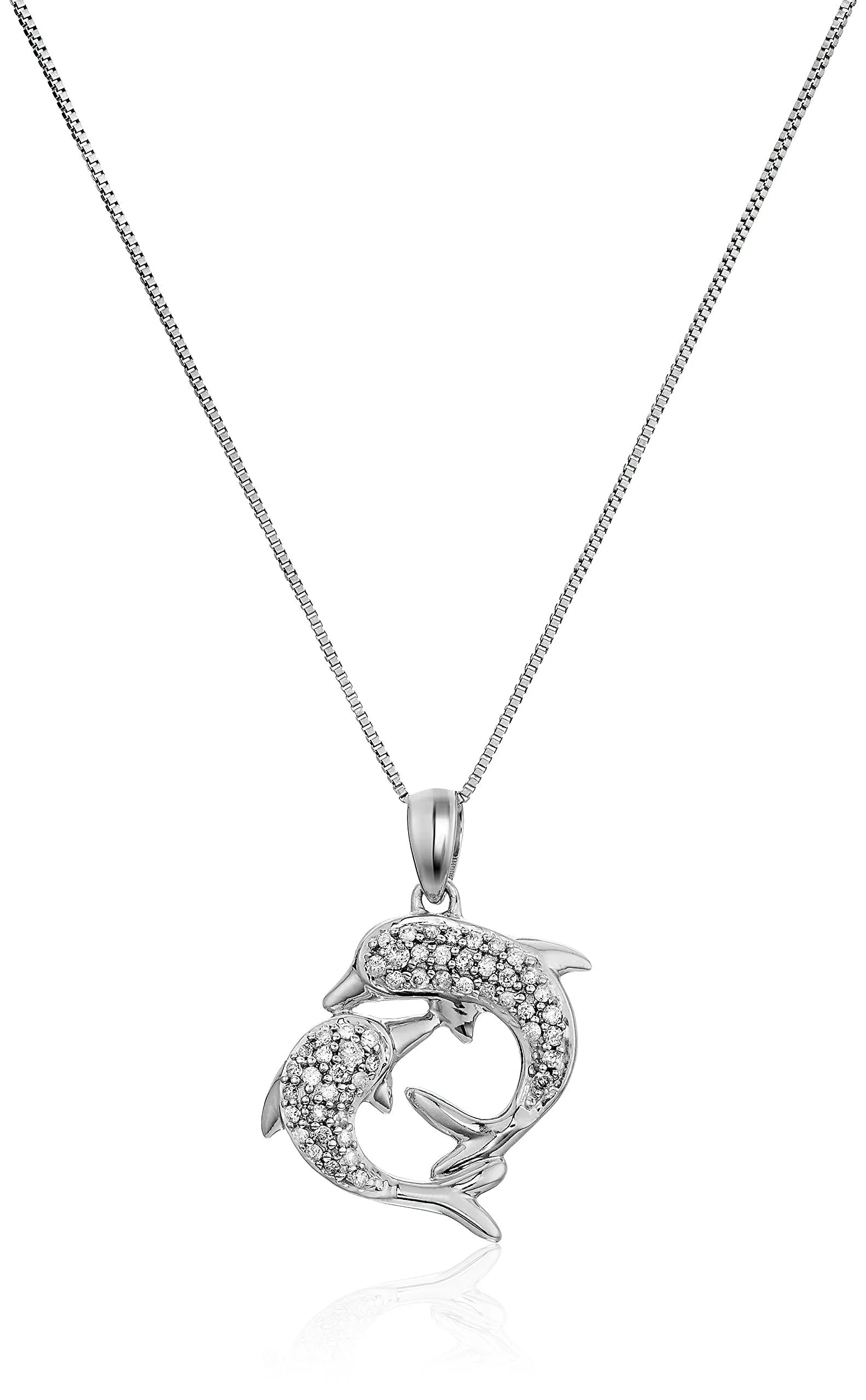 1/6 cttw Diamond Two Dolphin Pendant Necklace in 14K White Gold