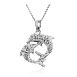 1/6 cttw Diamond Two Dolphin Pendant Necklace in 14K White Gold