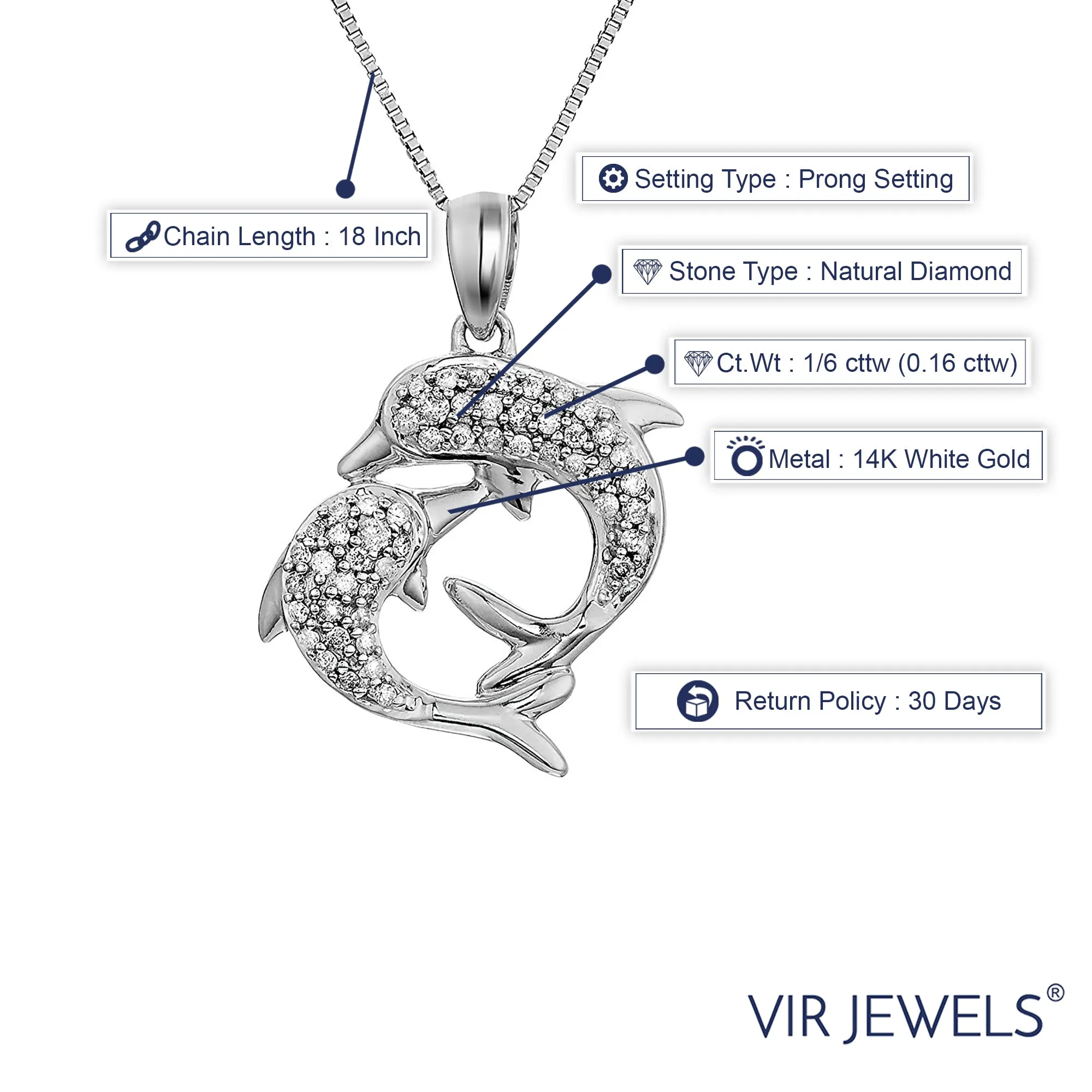1/6 cttw Diamond Two Dolphin Pendant Necklace in 14K White Gold