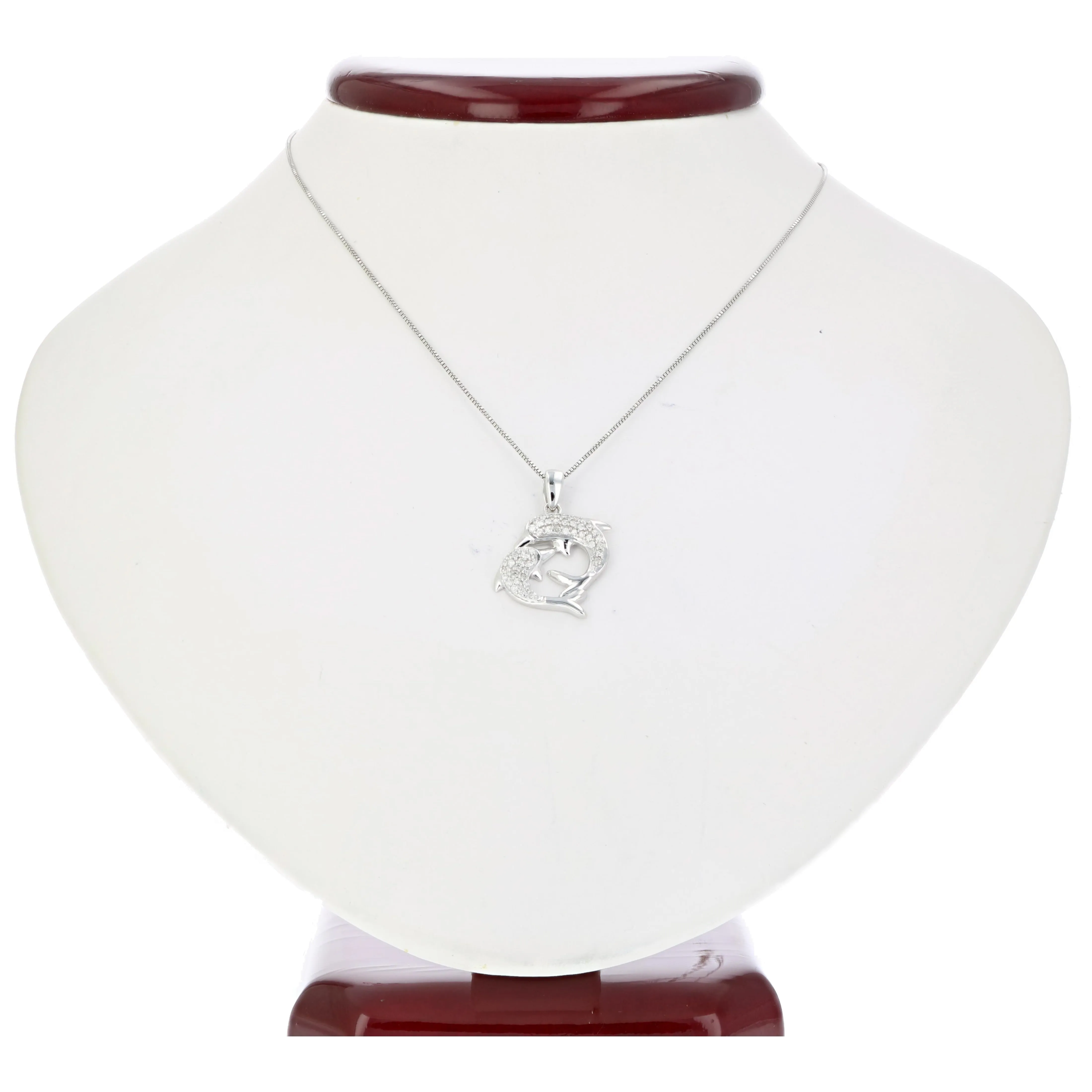 1/6 cttw Diamond Two Dolphin Pendant Necklace in 14K White Gold