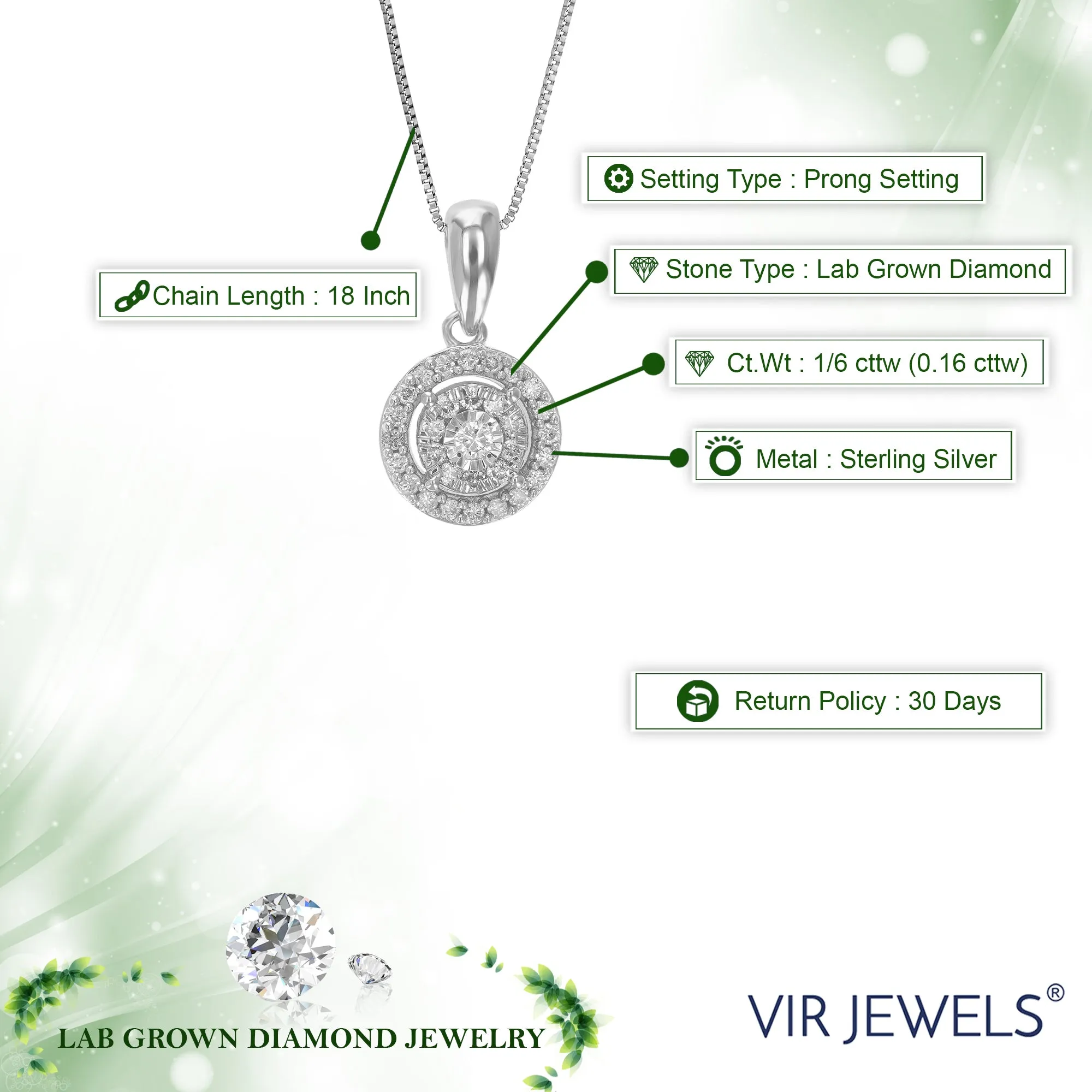 1/6 cttw Lab Grown Diamond Halo Pendant Necklaces Sterling Silver