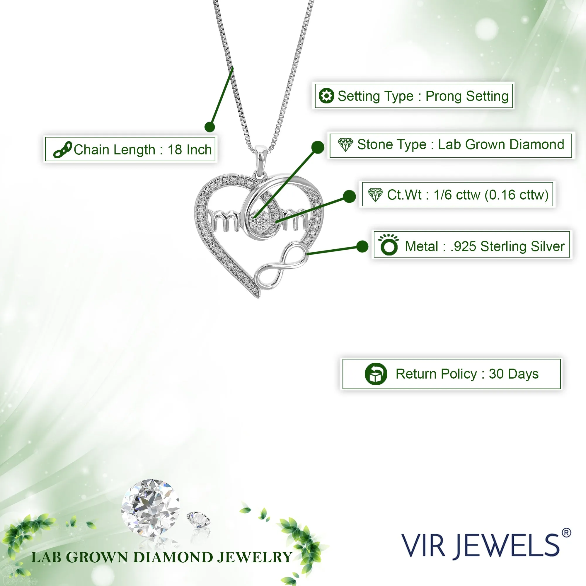 1/6 cttw Lab Grown Diamond Mom Infinite Love Pendant in Silver