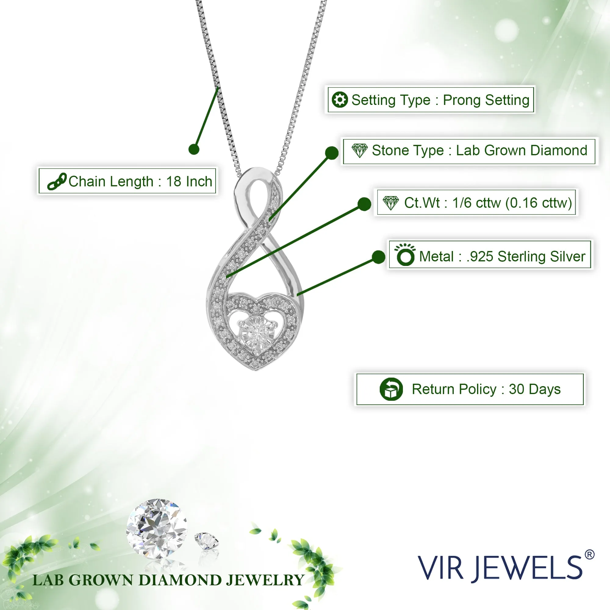 1/6 cttw Lab Grown Diamond Twisted Heart Pendant Necklaces Silver