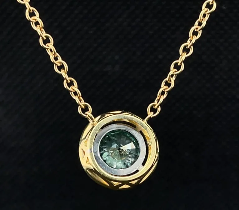 1.66 Carat Round Blue Diamond, Yellow, White Gold Bezel Pendant Chain Necklace