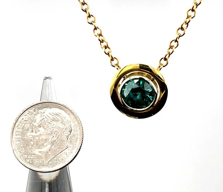 1.66 Carat Round Blue Diamond, Yellow, White Gold Bezel Pendant Chain Necklace