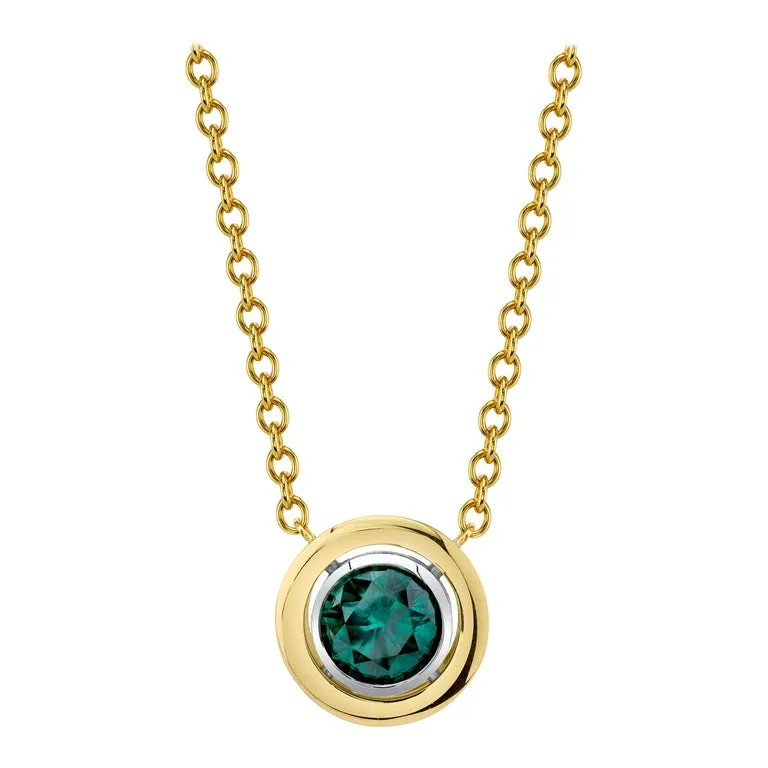 1.66 Carat Round Blue Diamond, Yellow, White Gold Bezel Pendant Chain Necklace